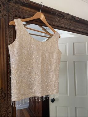 Vintage Ivory Beaded Sleeveless Top with Fringe